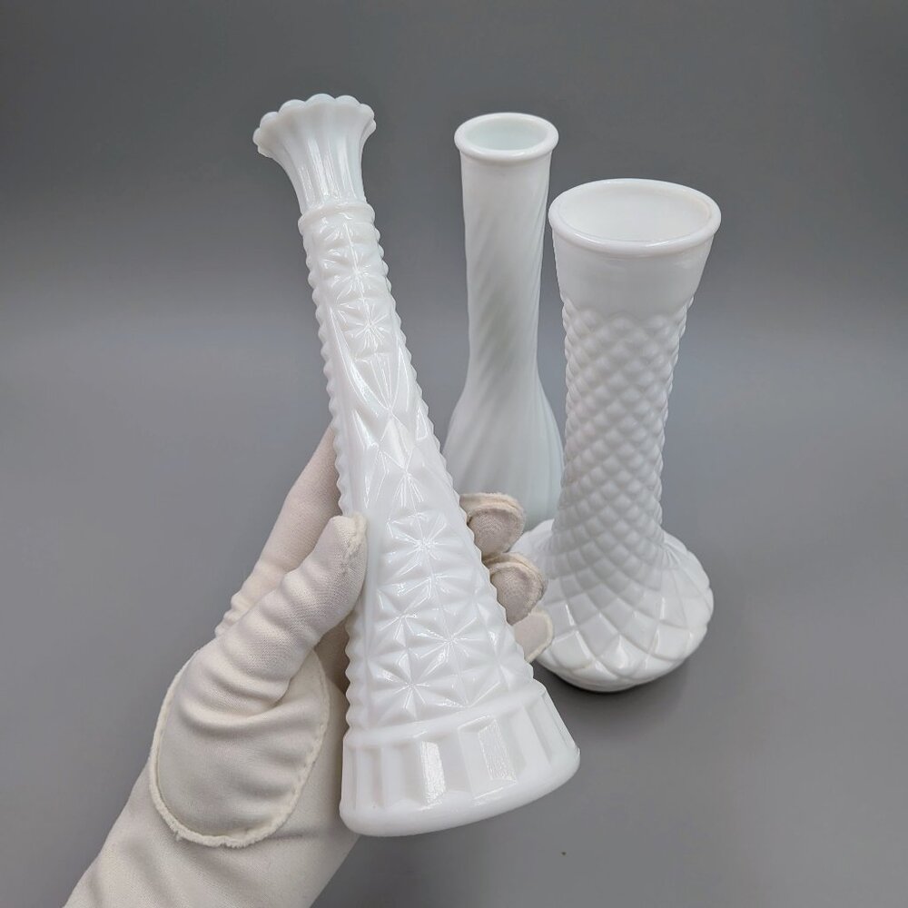 Set of 3 Vintage White Milk Glass Bud Vases - 9" Shabby Chic Floral Decor - Picture 10 of 10